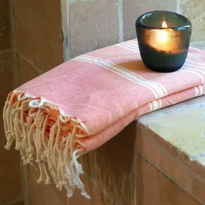 Bath towels - ORGANIC COTTON TOWEL - HAMMAM COLLECTION - WHITE & CORAL COLOR - KARAWAN AUTHENTIC