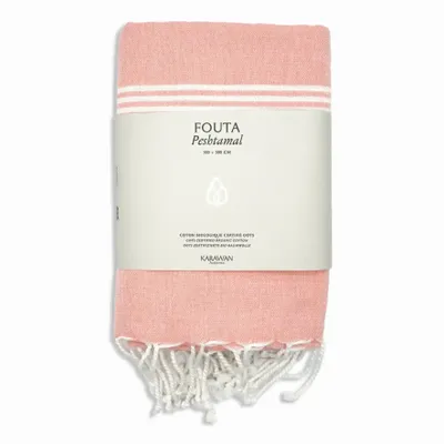 Serviettes de bain - FOUTA EN COTON BIOLOGIQUE - COLLECTION HAMMAM - Couleur BLANC & CORAIL - KARAWAN AUTHENTIC