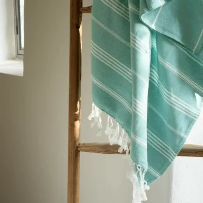 Serviettes de bain - FOUTA EN COTON BIOLOGIQUE - COLLECTION HAMMAM- Couleur BLANC & MENTHE - KARAWAN AUTHENTIC