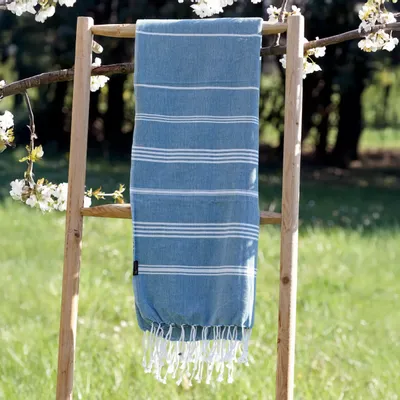 Bath towels - ORGANIC COTTON FOUTA - HAMMAM Collection - Color WHITE & OCEAN - KARAWAN AUTHENTIC
