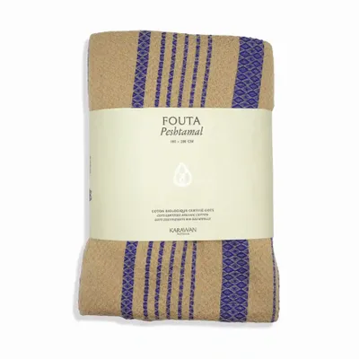 Serviettes de bain - FOUTA EN COTON BIOLOGIQUE - Collection SAND- Couleur SABLE & BLEU IMPERIAL - KARAWAN AUTHENTIC
