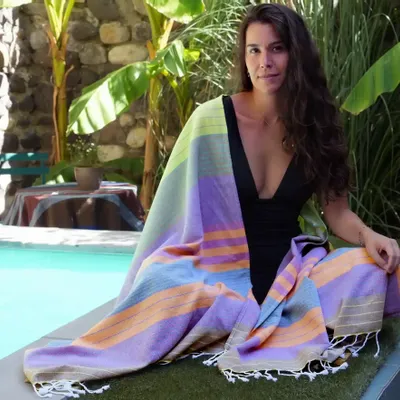 Serviettes de bain - FOUTA EN COTON BIOLOGIQUE - Collection SUD - Couleur PURPLE SUN - KARAWAN AUTHENTIC