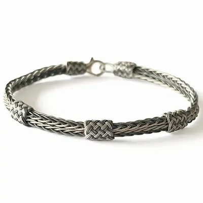 Bracelets - FINE DOUBLE BRAID BRACELET + 3 FLOWING KNOTS - SILVER AND OXIDIZED SILVER - HANDMADE - MEN&WOMEN - KARAWAN AUTHENTIC