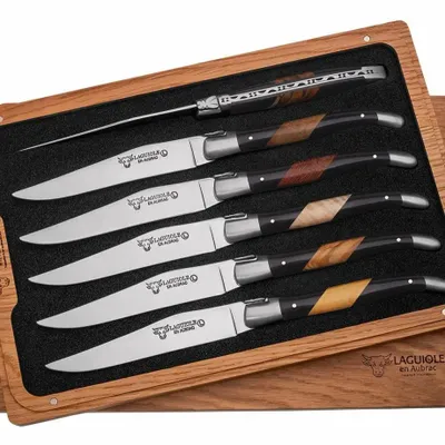 Knives - Set of 6 Biseau mixed wood table knives - LAGUIOLE EN AUBRAC