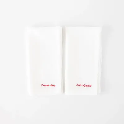 Linge de table textile - Serviettes en lin brodées (lot de 2) — “Bon Appétit” & “Dinner Time” - OURY HOME