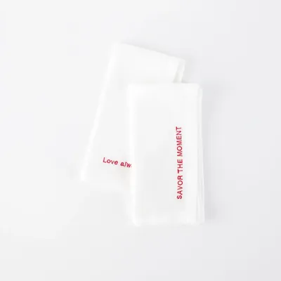 Table linen - Embroidered Linen Napkins – “Savor the Moment” & “Love Always” - OURY HOME