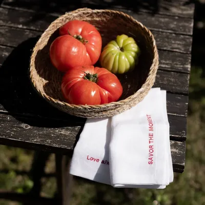 Table linen - Embroidered Linen Napkins – “Savor the Moment” & “Love Always” - OURY HOME