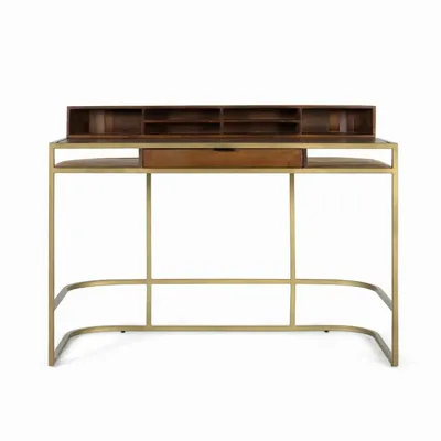 Desks - Handcrafted mango wood desk with golden frame - GINER Y COLOMER