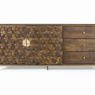Sideboards - Sophisticated mango wood and metal sideboard in walnut and gold - GINER Y COLOMER