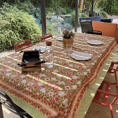 Linge de table textile - Nappes coton imprimées au tampon de bois, 160 x 250 cm - MAISON LILO