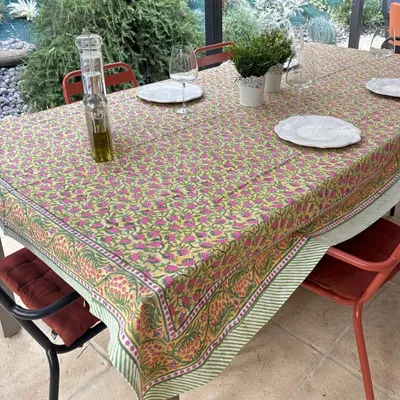 Linge de table textile - Nappes coton imprimées au tampon de bois, 160 x 250 cm - MAISON LILO