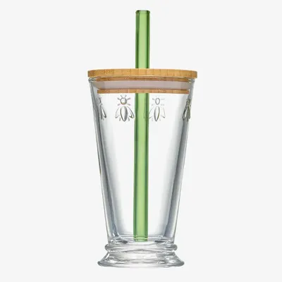 Glass - BUBBLE TEA BEE box with lid and green straw - LA ROCHÈRE