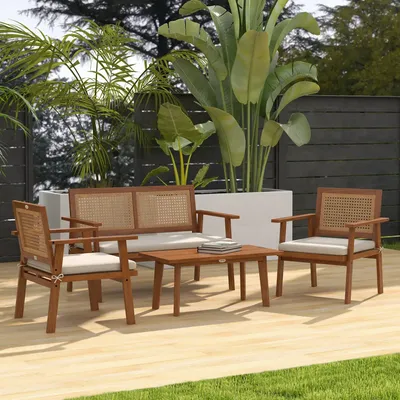 Lawn sofas - 4-seater garden furniture set, 4 pieces, colonial style, rattan-look wood - AOSOM BUSINESS
