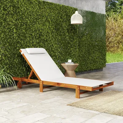 Deck chairs - Exotic style wooden sun lounger with 2 wheels - reclining, headrest - white textilene - AOSOM BUSINESS