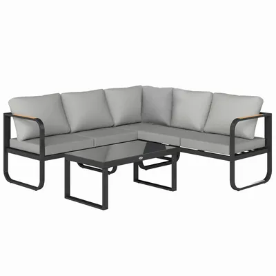 Lawn sofas   - 5-seater 3-piece adjustable garden furniture set with seat cushions and backrest in grey and black - AOSOM BUSINESS