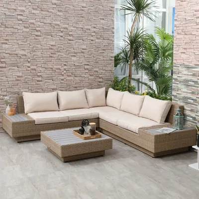 Lawn sofas - 5-seater corner garden furniture set in bohemian chic beige style - AOSOM BUSINESS
