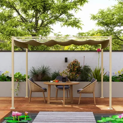 Pergolas - Retractable pergola 3 x 3 m beige epoxy steel polyester 180 g/m² UPF30+ khaki - AOSOM BUSINESS