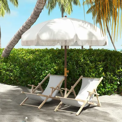Sunshades - Straight beach umbrella for garden, bohemian style, with fringes, UV40+ cream - AOSOM BUSINESS