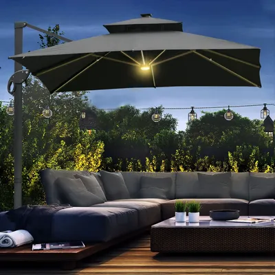 Lawn sofas - Rectangular LED offset parasol, tilting, swivelling, grey polyester - AOSOM BUSINESS