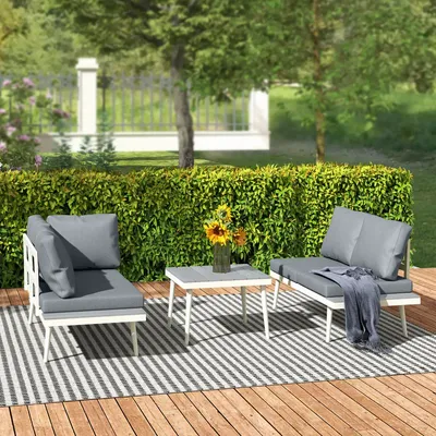 Lawn sofas - Modular garden furniture set for 4 people, 3 pieces, cream metal design, gray cushions - AOSOM BUSINESS