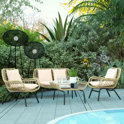 Lawn sofas - 4-person garden furniture set, 4 pieces, exotic style, beige cushions included - AOSOM BUSINESS