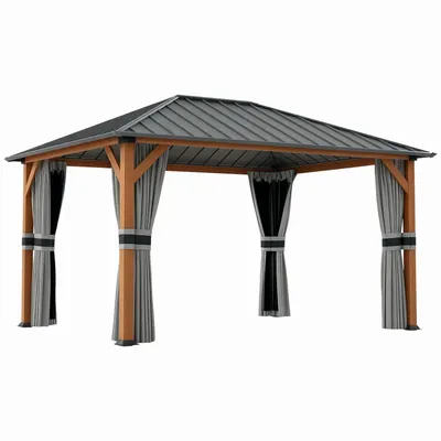 Pergolas - Garden pavilion with aluminum structure, wood-look, rigid metal roof, mosquito net curtains - AOSOM BUSINESS