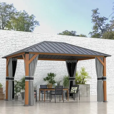 Pergolas - Garden pavilion with aluminum structure, wood-look, rigid metal roof, mosquito net curtains - AOSOM BUSINESS