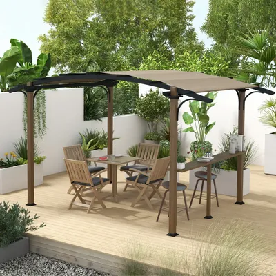 Pergolas - Pergola with counter, arched roof, aluminum, steel, black wood effect, greige canvas - AOSOM BUSINESS