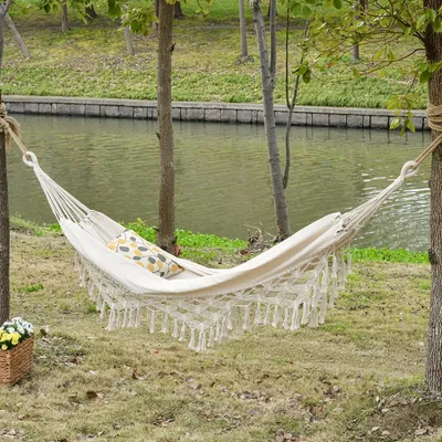 Deck chairs - Portable travel hammock boho chic style cotton polyester beige - AOSOM BUSINESS