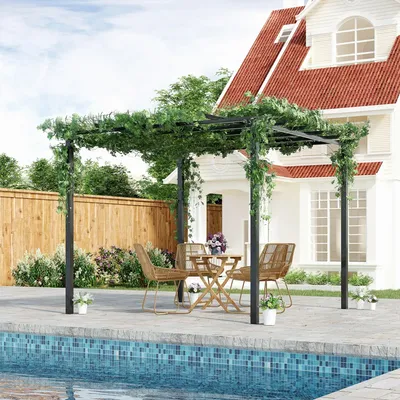 Pergolas - Retractable pergola high density polyester gray epoxy metal - AOSOM BUSINESS