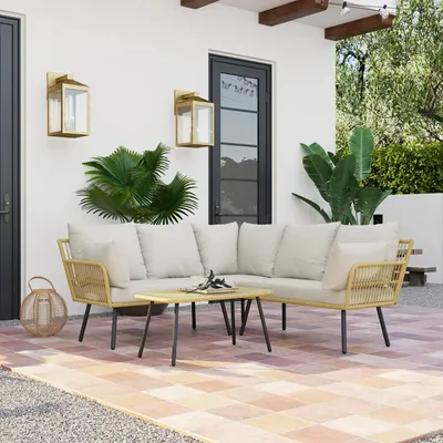 Lawn sofas - 5-seater corner garden furniture set in bohemian chic style, woven resin - AOSOM BUSINESS