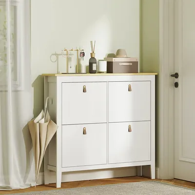Chests of drawers - 4-door, 4-shelf shoe cabinet, dimensions 105 x 24 x 95.5 cm, white, light wood effect - AOSOM BUSINESS