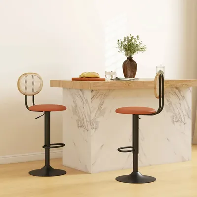 Stools - Set of 2 neo-retro design bar stools, adjustable, swivel, steel, PU, rattan - AOSOM BUSINESS