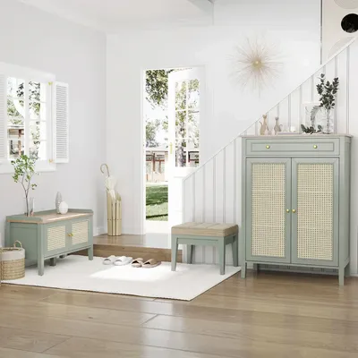 Chests of drawers - Bohemian chic style shoe cabinet in water green rattan - AOSOM BUSINESS