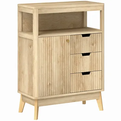 Sideboards - Designer sideboard with light natural wood effect, shelf, 3 drawers, niche, top - AOSOM BUSINESS