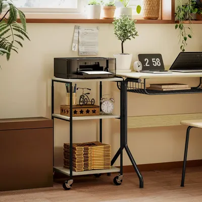Office furniture and storage - Printer stand trolley with 2 shelves and adjustable tray, black, grey wood effect - AOSOM BUSINESS