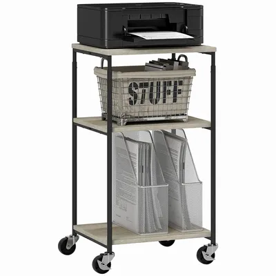 Office furniture and storage - Printer stand trolley with 2 shelves and adjustable tray, black, grey wood effect - AOSOM BUSINESS