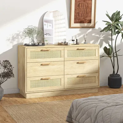Chests of drawers - Bohemian chic style 6-drawer chest of drawers with rattan and natural light wood effect - AOSOM BUSINESS