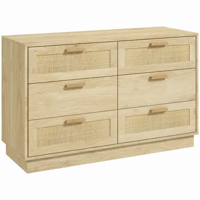 Chests of drawers - Bohemian chic style 6-drawer chest of drawers with rattan and natural light wood effect - AOSOM BUSINESS