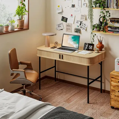 Office furniture and storage - Scandinavian style desk - 2 doors, 2 compartments - black steel with light wood effect - AOSOM BUSINESS