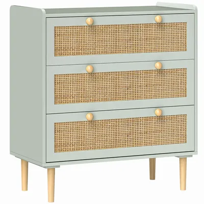 Chests of drawers - 3-drawer chest of drawers in bohemian chic style, rattan cane, grey-green wood effect - AOSOM BUSINESS