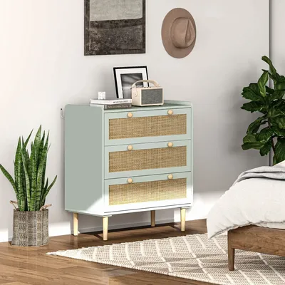 Chests of drawers - 3-drawer chest of drawers in bohemian chic style, rattan cane, grey-green wood effect - AOSOM BUSINESS