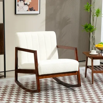 Armchairs - Rocking lounge chair in rubberwood with cream curly wool effect - AOSOM BUSINESS