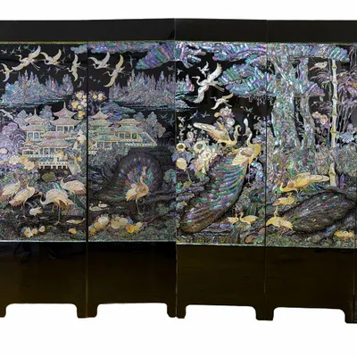 Objets de décoration - Paravent Coréen en Nacre – Grues, Paons & Jardin Royal - FEBRUARY MOUNTAIN