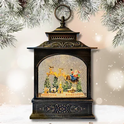 Other Christmas decorations - Christmas LED Lantern Snow Globe – Santa Sleigh Over Village Scene (Warm White LED & Music) – DC Option - BLUE STAR B.V.
