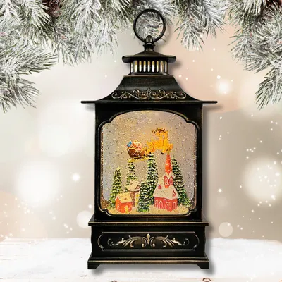 Other Christmas decorations - Christmas LED Lantern Snow Globe – Santa Sleigh Over Village Church (Warm White LED & Music) – DC Option - BLUE STAR B.V.