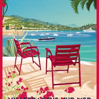 Poster - DOZ poster Villefranche-sur-Mer, the red chairs, French Riviera - LA MAISON JOSÉPHINE