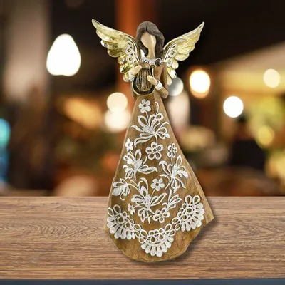 Crèches et santons - Figurine d’Ange de Noël – Harpe – Aspect Sculpté Rustique - BLUE STAR B.V.