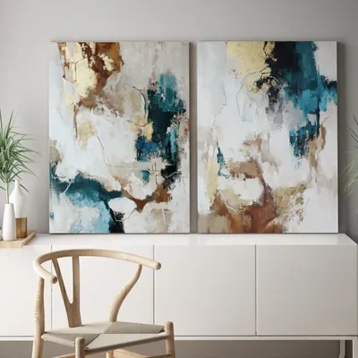 Tableaux - Série de peintures abstraites faites à la main en or bleu « Flux » - MATISS ART STUDIO