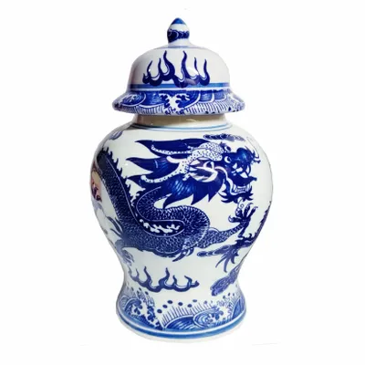 Vases - Hand Painted Dragon Blue White Porcelain Ginger Jar - GALERIE D'ORIENT